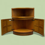 Load image into Gallery viewer, Wooden corner cabinet with open doors on a light green background
