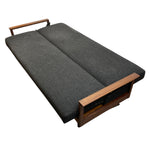 Load image into Gallery viewer, Gray fabric futon with wooden frame on a white background
