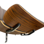 Load image into Gallery viewer, Close-up of a modern lounge chair seat shell with a rich dark brown wood grain finish and black metal support brackets, isolated on a white background.
