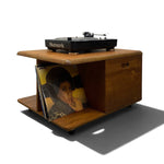Load image into Gallery viewer, A mid-century modern wooden record player table with a Humark turntable on top and vinyl records in the open shelf, shown on a white background with a soft shadow.
