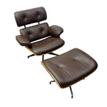 Load image into Gallery viewer, A mid-century modern lounge chair with matching ottoman in dark brown tufted leather, featuring a light wood frame and black metal swivel bases, shown on a plain white background.

