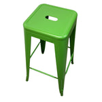 Load image into Gallery viewer, A bright green metal bar stool with a square seat featuring a cutout handle, four legs, and a matching green footrest, shown on a plain white background.
