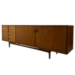 Load image into Gallery viewer, Mid-century modern wooden sideboard cabinet with five drawers on the left, two large doors on the right, and tapered legs, shown against a plain white background.
