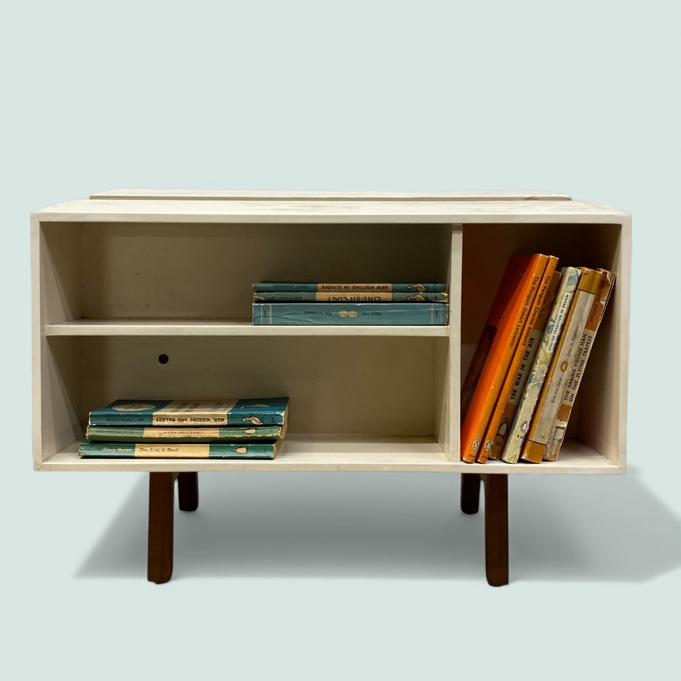 Wooden bookshelf with books on a light blue background