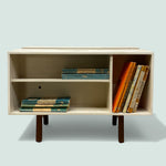 Load image into Gallery viewer, Wooden bookshelf with books on a light blue background
