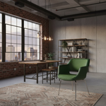 Load image into Gallery viewer, Modern office space with a green chair, wooden desk, and bookshelf.
