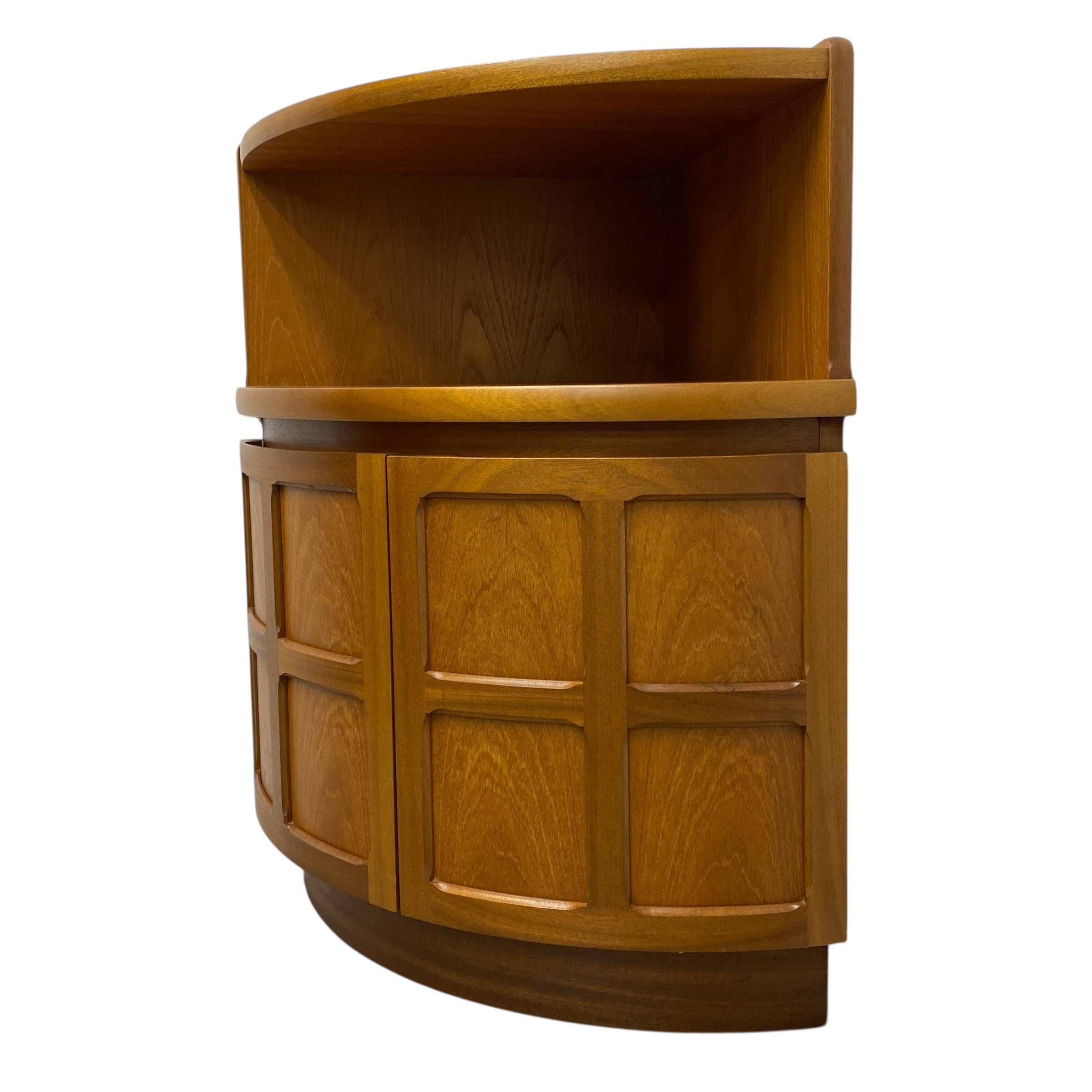 Wooden side table with curved design on a white background