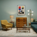 Load image into Gallery viewer, Modern living room with a yellow armchair, wooden dresser, and abstract art on the wall.
