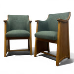 Load image into Gallery viewer, Two wooden armchairs with green fabric seats on a white background
