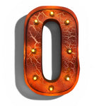 Load image into Gallery viewer, A decorative marquee-style letter 'O' in a rounded square shape, with an orange and red cracked-glass appearance and small warm yellow lights around the border, shown on a white background with a soft shadow.

