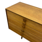 Load image into Gallery viewer, Mid-century modern wooden sideboard or dresser with three drawers, featuring a warm medium-brown wood grain finish and square drawer pulls, shown on a plain white background.
