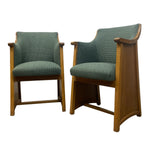 Load image into Gallery viewer, Pair of wooden armchairs with green fabric seats on a white background
