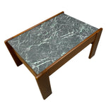 Load image into Gallery viewer, A mid-century modern low coffee table with a dark green marble top featuring white veining and a warm brown wooden frame and legs, shown on a plain white background.
