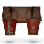Load image into Gallery viewer, Two vintage red fire buckets with 'FIRE' and 'SAND' text on a white background.
