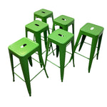 Load image into Gallery viewer, Six bright green metal bar stools with square seats and open backs, arranged on a plain white background.

