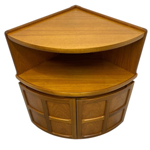 Wooden corner shelf with two levels on a white background