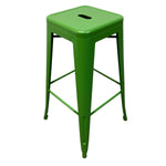 Load image into Gallery viewer, A bright green metal bar stool with a square seat, backrest cutout, and four legs, shown on a plain white background.
