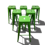 Load image into Gallery viewer, Five bright green metal bar stools arranged in a semi-circle on a white background, casting soft shadows.
