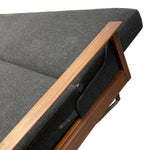 Load image into Gallery viewer, Gray upholstered chair with wooden armrests on a white background
