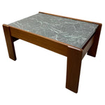 Load image into Gallery viewer, A mid-century modern wooden coffee table with a dark green marble top and a warm brown wood frame, shown on a plain white background.
