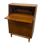 Load image into Gallery viewer, Mid-century modern wooden secretary cabinet with open hinged doors, a drop-down desk surface, and an open top shelf compartment, shown on a plain white background.
