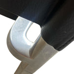 Load image into Gallery viewer, Close-up of a chair or stool with a black upholstered seat and back, attached to a silver metal frame on a white background.
