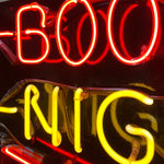 Load image into Gallery viewer, Neon sign with red and yellow letters spelling 'BOO' and 'NIG' on a dark background.
