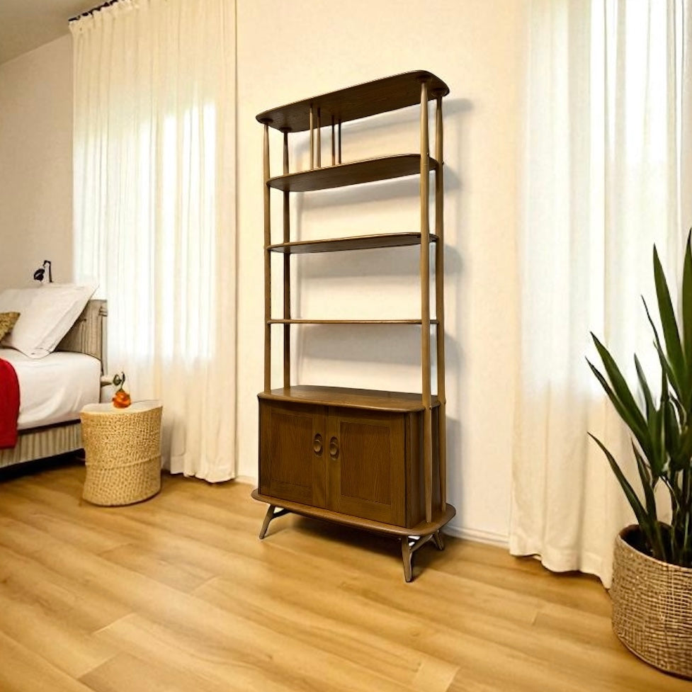Wooden bookshelf in a room with a bed and curtains