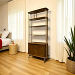 Load image into Gallery viewer, Wooden bookshelf in a room with a bed and curtains
