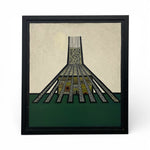 Load image into Gallery viewer, Framed artwork of a stylized, abstract architectural design on a beige and green background.
