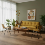 Load image into Gallery viewer, Modern living room with yellow sofa, wooden coffee table, and decorative plants.
