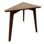Load image into Gallery viewer, A mid-century modern triangular wooden side table with angled legs, shown against a plain white background.
