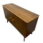 Load image into Gallery viewer, Mid-century modern wooden sideboard cabinet with a dark brown wood grain finish, brass trim, and two small round brass knobs, shown on a plain white background.
