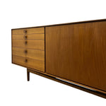 Load image into Gallery viewer, Mid-century modern wooden sideboard cabinet with five drawers on the left and a large sliding door on the right, shown against a plain white background.
