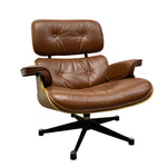 Load image into Gallery viewer, A mid-century modern lounge chair with brown leather upholstery and a black five-star base, photographed against a solid white background.

