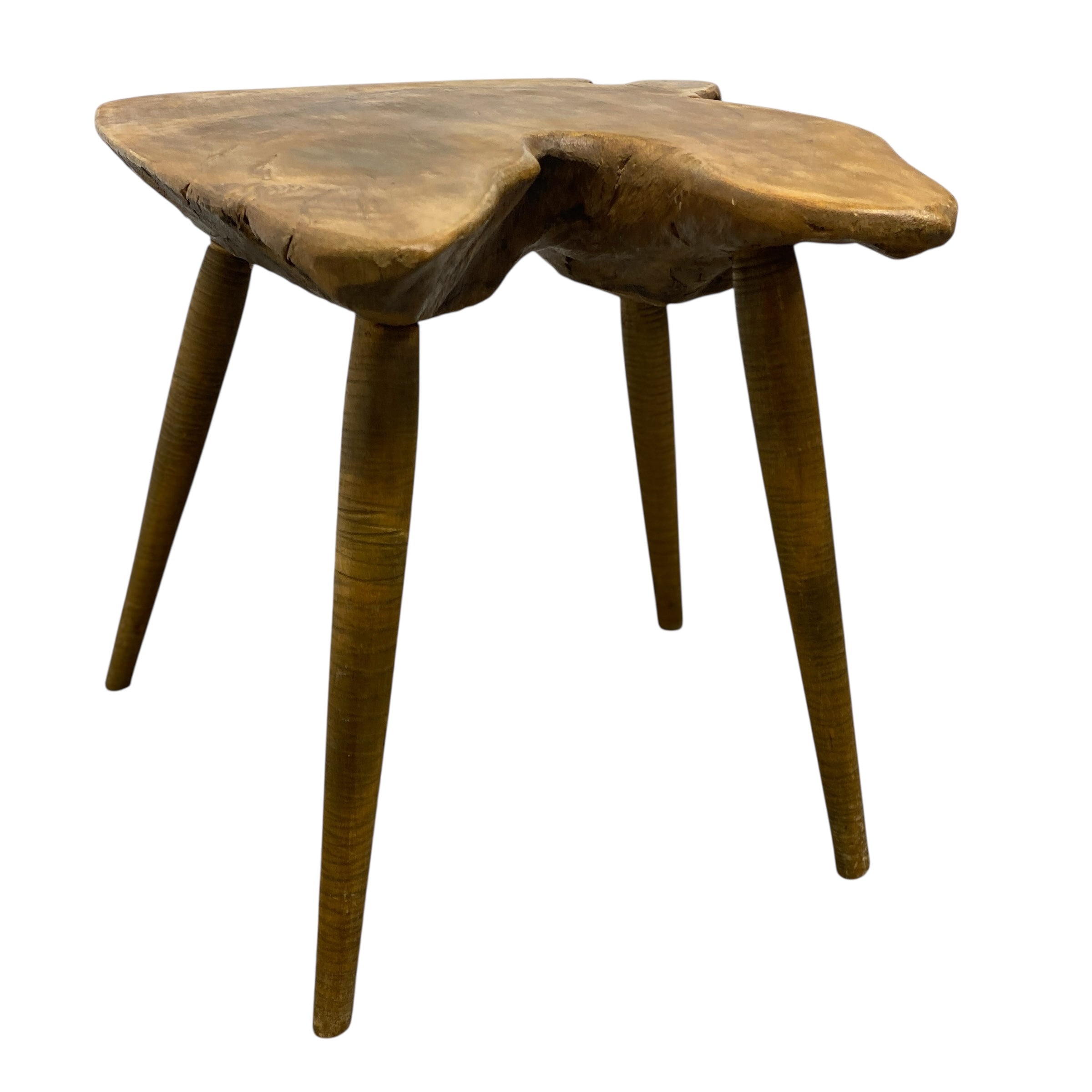 Wooden side table with a natural, rustic finish on a white background