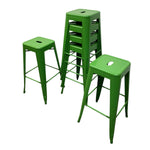 Load image into Gallery viewer, Three green metal bar stools with square seats and open backs, including one stacked stool in the center, shown on a plain white background.
