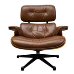 Load image into Gallery viewer, A mid-century modern lounge chair with brown leather upholstery and a black five-star base, photographed against a solid white background.
