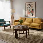Load image into Gallery viewer, Modern living room with yellow sofa, round wooden coffee table, and abstract art on the wall.
