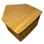 Load image into Gallery viewer, A pentagonal wooden side table or coffee table with a glossy finish, featuring two drawers with round knobs, shown on a plain white background.

