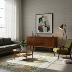 Load image into Gallery viewer, Modern living room with a wooden sideboard, sofa, and abstract art on the wall.
