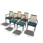 Load image into Gallery viewer, Six mid-century modern wooden dining chairs with teal blue seat cushions, arranged in two rows on a white background with soft shadows.
