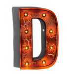 Load image into Gallery viewer, A decorative capital letter D marquee light with a textured orange and brown metallic surface, featuring a white crackle pattern and illuminated gold-toned bulbs around the border, shown on a white background with a soft shadow.
