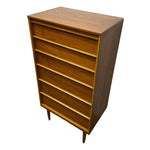 Load image into Gallery viewer, A mid-century modern wooden chest of drawers with five drawers, featuring a warm medium-brown wood finish and thin gold-toned metal pull handles, shown on a plain white background.
