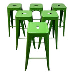 Load image into Gallery viewer, Six bright green metal bar stools arranged on a plain white background, with one stool in front and five behind it.
