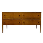 Load image into Gallery viewer, Mid-century modern wooden sideboard with six drawers, a warm medium-brown wood finish, and small round dark knobs, shown against a plain white background.
