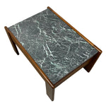 Load image into Gallery viewer, A mid-century modern accent table featuring a dark green marble top with prominent white veining and a warm brown wood frame.
