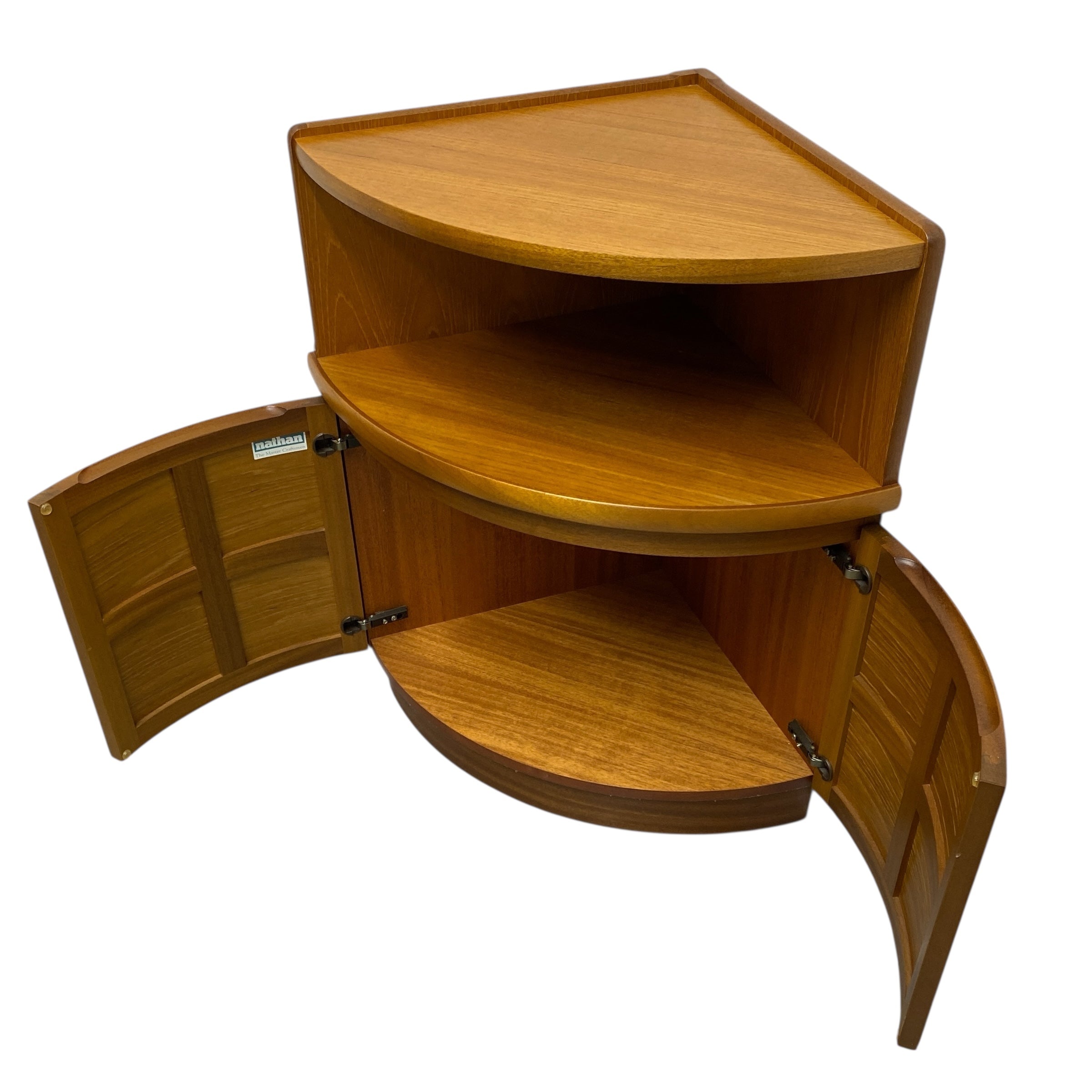 Wooden corner cabinet with open doors on a white background