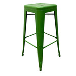 Load image into Gallery viewer, A bright green metal counter stool with a square seat, open top, and four tapered legs with footrests, shown on a plain white background.
