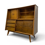Load image into Gallery viewer, Wooden cabinet with shelves and drawers on a white background
